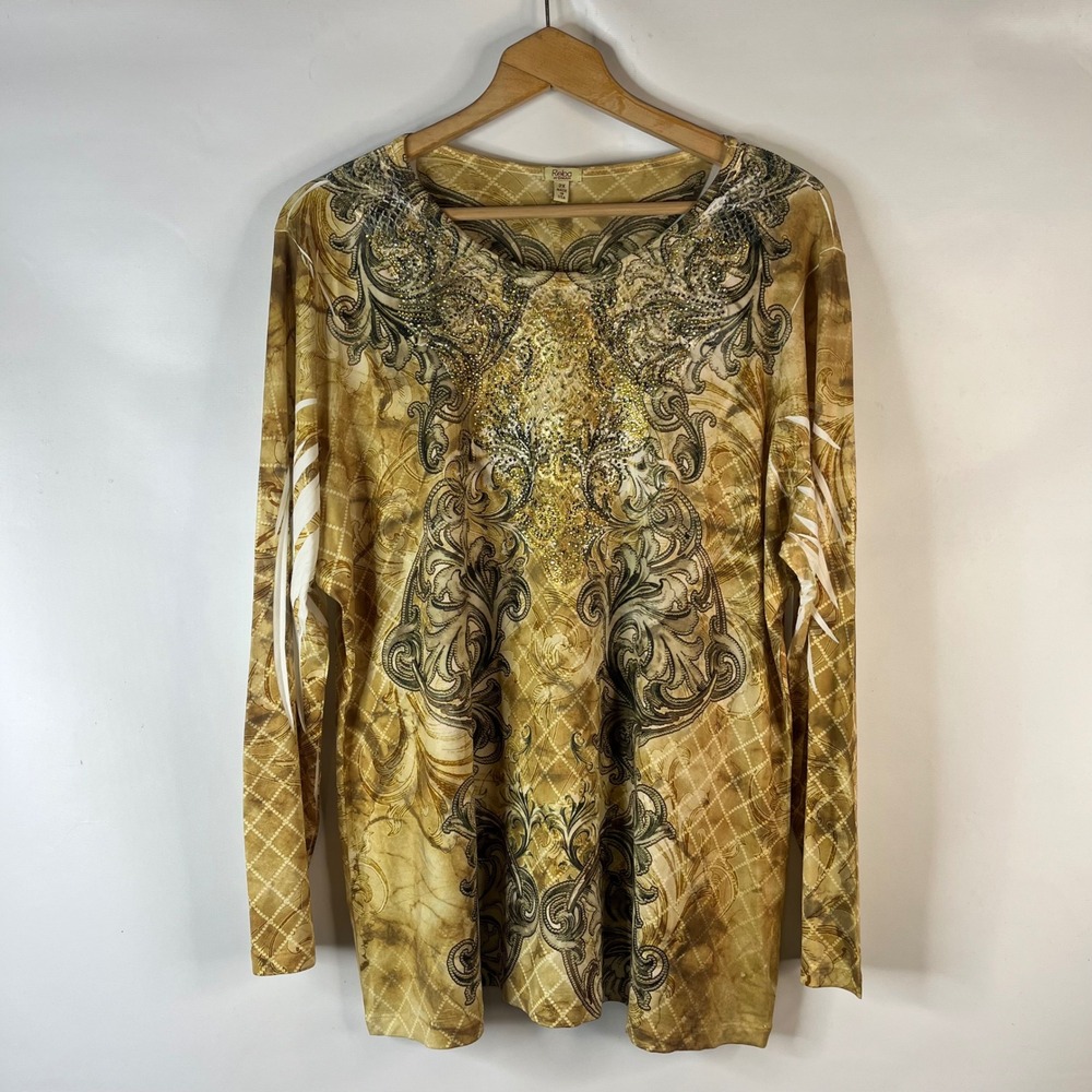 Reba Woman Top Womens 2X Gold Paisley Rhinestone Long Sleeve Slash Cut USA Made